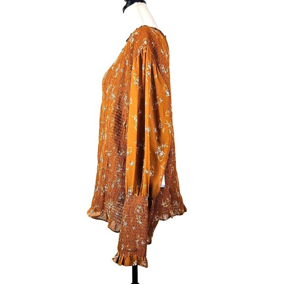New Terra & Sky Plus Size 4X Long Sleeve Smocked Top Floral Print Mustard Yellow - Picture 5 of 12